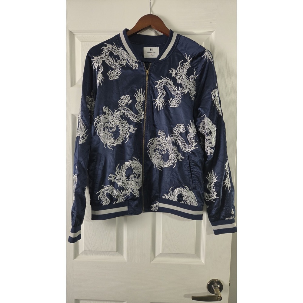 Standard Issue NYC Satin Bomber Jacket Mens S Blue Japanese Dragon Embroidered
